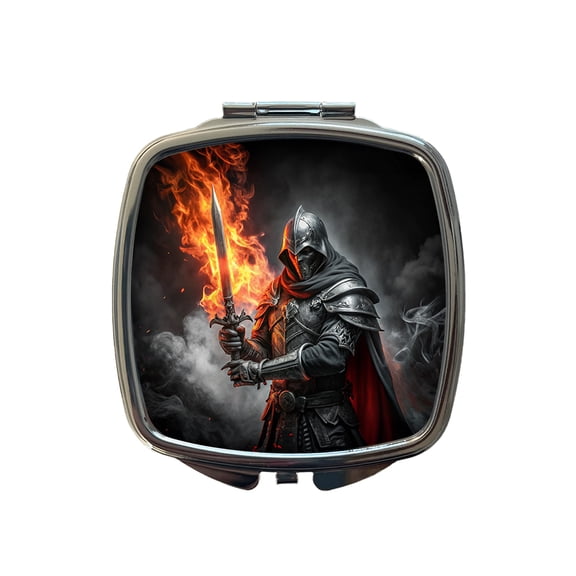 Fantasy Warrior Knight with Flaming Sword Travel Makeup Handbag Purse Small Pocket Compact Mirror