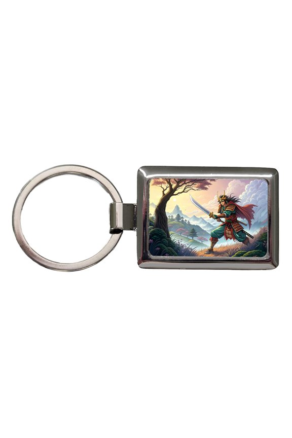 Fantasy Warrior with Sword Classic Japanese Anime Style Metal Rectangle Keychain