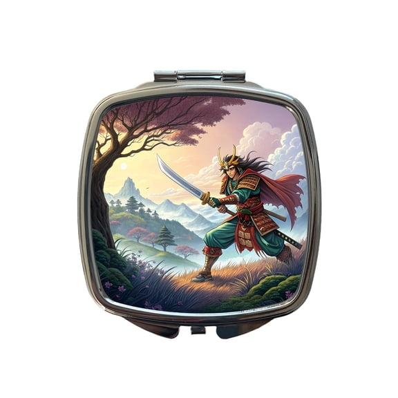 Fantasy Warrior with Sword Classic Japanese Anime Style Travel Makeup Handbag Purse Small Pocket Compact Mirror