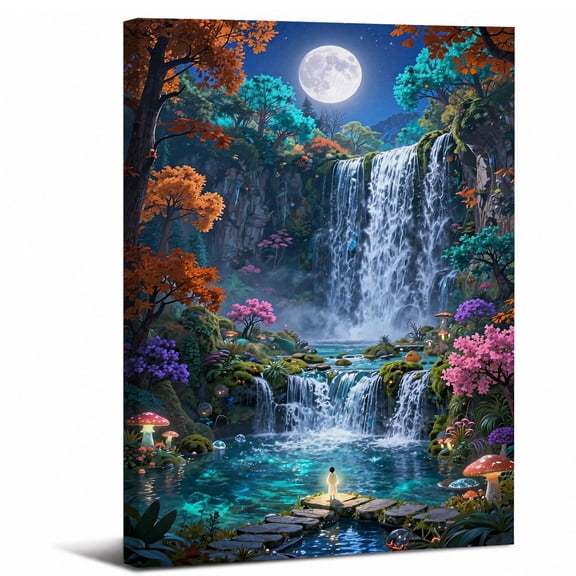 Fantasy Waterfall Canvas Wall Art Framed,Glowing Moonlight Stream and Autumn Trees Landscape canvas print for bathroom bedroom decor,8x12in