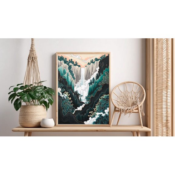 Fantasy Waterfall East Asian Landscape Wall Art Decor Unframed Paper Print