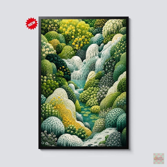 Fantasy Waterfall Garden Wall Art Botanical Landscape Enchanted Floral Nature Decor Cottagecore Green Artwork
