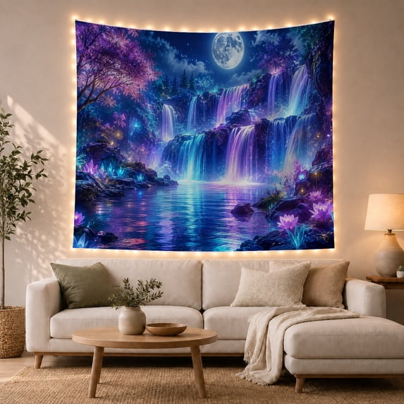 Fantasy Waterfall Landscape with Glowing Moon and Magenta Tree, Mystical Boho for Nature Lovers, Fantasy Forest Decor, Housewarming Gift Tapestry Wall Hanging for Bedroom, Living Room and Dorm