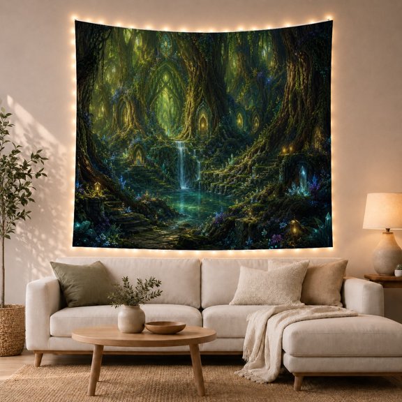 Fantasy Waterfall in a Lush Magical Forest, Dreamy Fantasy for Nature Lovers, Mystical Wall Art Decor, Housewarming Gift, Tapestry Wall Hanging for Bedroom and Living Room