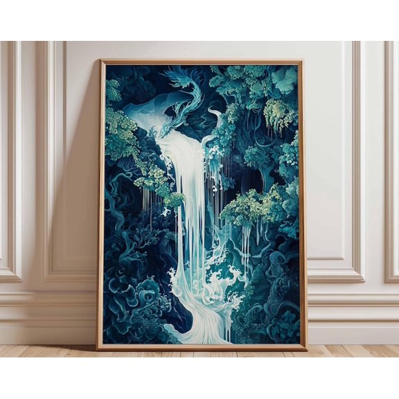 Fantasy Waterfall Mystical Dragon Dreamlike Landscape Wall Art Print, Unframed Paper Poster 16x20in