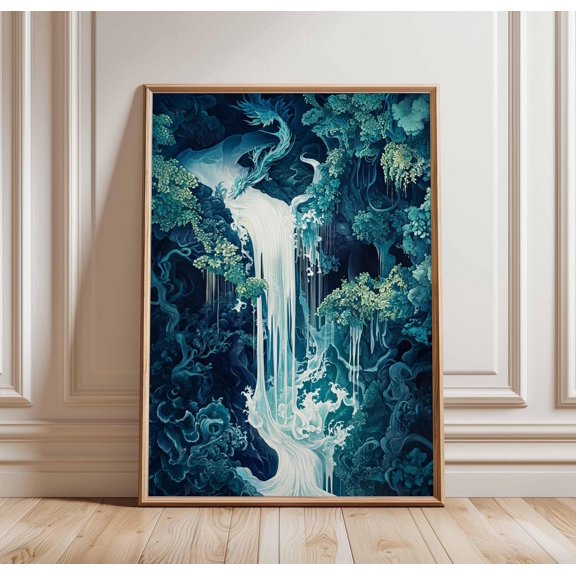 Fantasy Waterfall Poster, Mystical Dragon Art Print, Dreamlike Landscape, Ethereal Waterfall Decor, Magical Forest Art, Poster Only