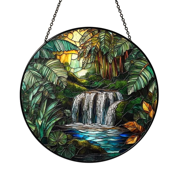 Fantasy Waterfall Stained Glass Suncatcher, Tropical Jungle Window Hanging Decor, Nature Landscape Art Panel, Forest Stream Design, Decorative Home Accent, Gift for Nature Lovers