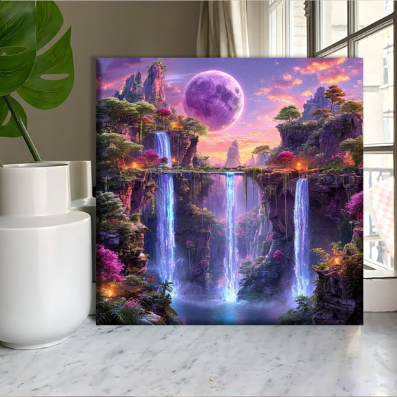 Fantasy Waterfall Surreal Purple Moon Night Landscape, Unframed Poster