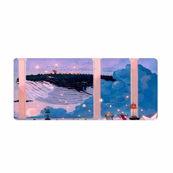 Fantasy Whale Art Mouse Pad 31.5 x 11.82 Inches Rubber Desk Accessory with Starry Sky and Music Notes Design