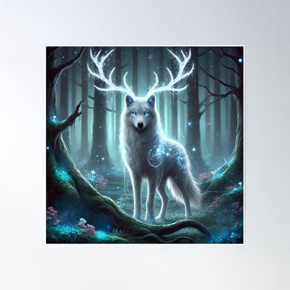 Fantasy White Wolf With Antlers Poster Wall Art, Modern Wall Decor, 8x12 UNFRAMED