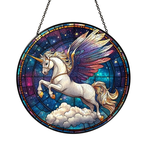 Fantasy Winged Unicorn Stained Glass Suncatcher, Mythical Creature Decorative Window Hanging Art, Celestial Style Glass Inspired Home Decor