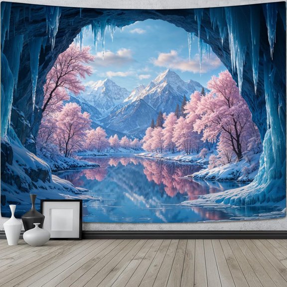 Fantasy Winter Scenery Wall Tapestry, Ice Cave Landscape with Frozen Lake and Cherry Blossom Forest, Nature Wall Hanging Home Decor for Bedroom and Living Room