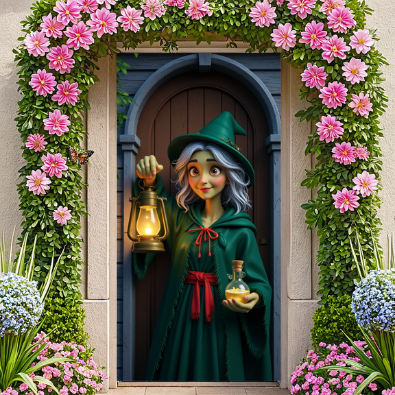 Fantasy Witch Illustration Halloween Decoration Mystical Art with Lantern for Home Decoration Indoor Party Event