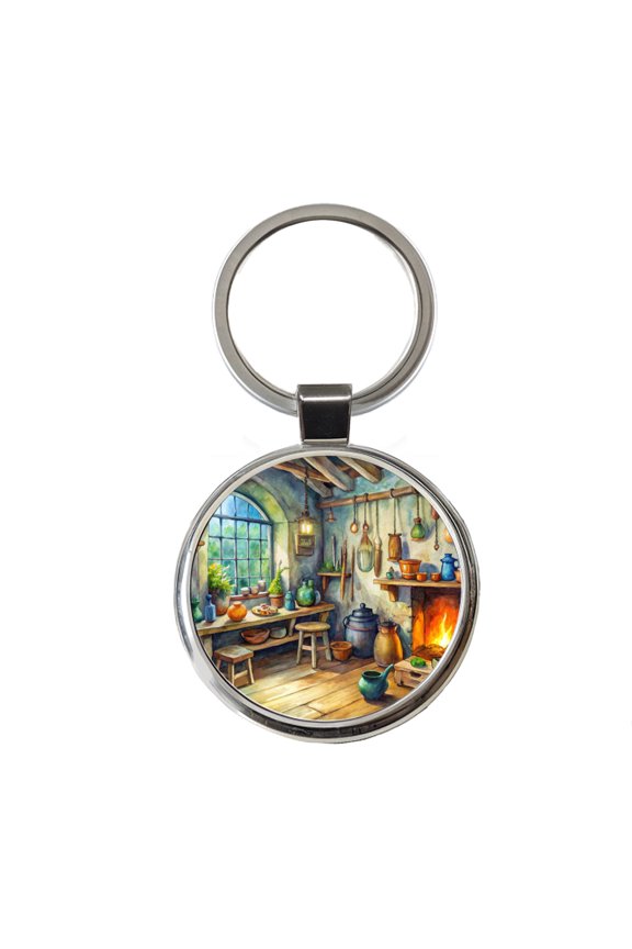 Fantasy Witch's Workshop Watercolor Metal Round Keychain