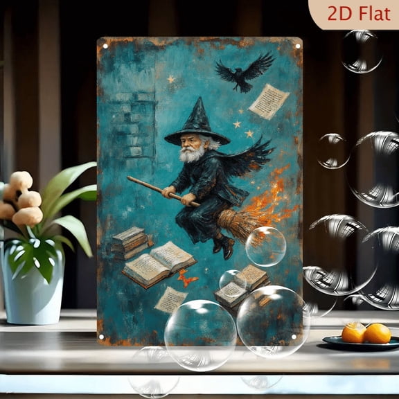 Fantasy Wizard with Black Wings Flying on Fire-Broomstick, Crow and Floating Books Art, 8x12 Inches Metal Wall Decor, Painterly Oil Style for Home Office