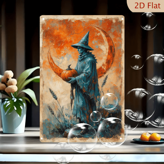 Fantasy Wizard in Blue Robe Holding Pumpkin Art Print, 8x12 Inches Metal Wall Decor with Crescent Moon and Autumn Sunset Sky, Vintage Painterly Style Tin Sign for Home Office