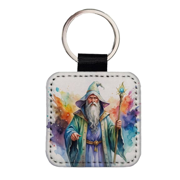 Fantasy Wizard Magician Magic User Watercolor Faux Leather Square Keychain