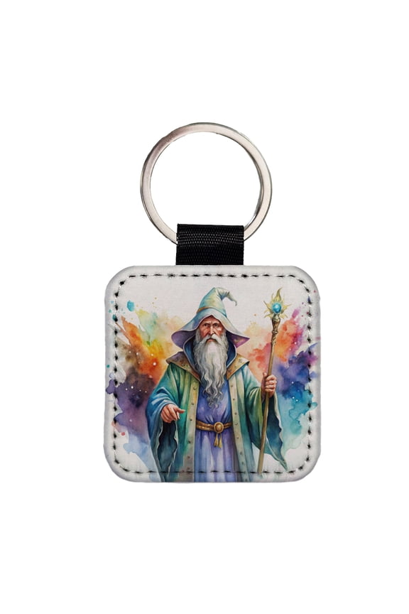Fantasy Wizard Magician Magic User Watercolor Faux Leather Square Keychain