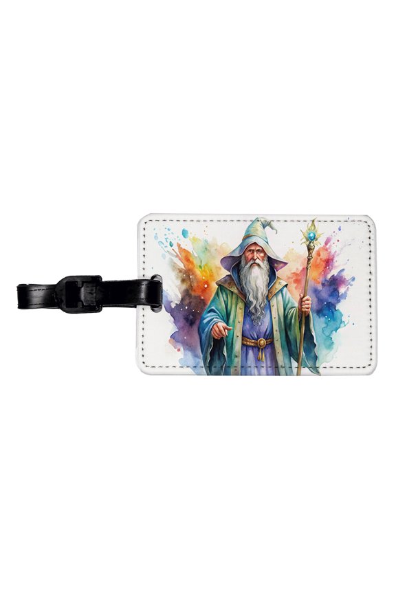 Fantasy Wizard Magician Magic User Watercolor Faux Leather Travel Luggage Tag