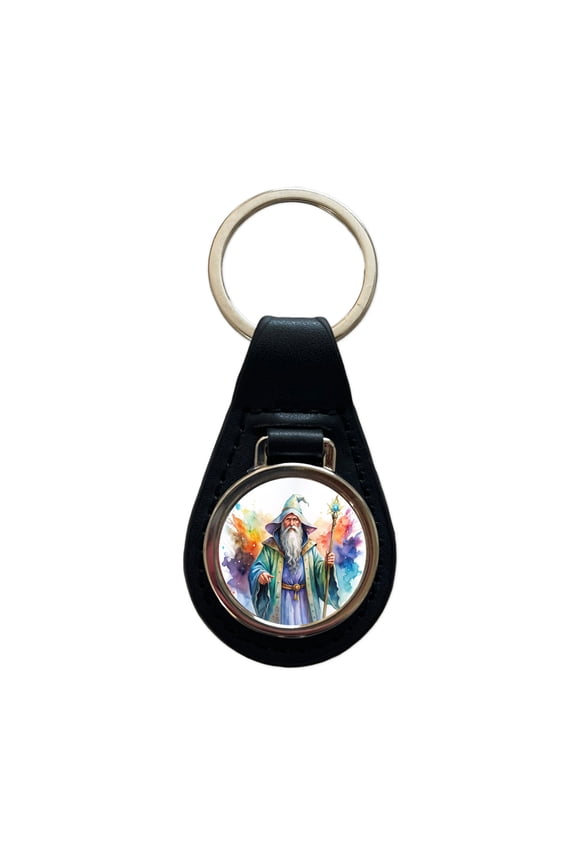 Fantasy Wizard Magician Magic User Watercolor Metal Black Leather Keychain