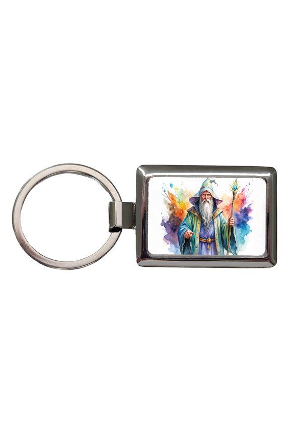 Fantasy Wizard Magician Magic User Watercolor Metal Rectangle Keychain