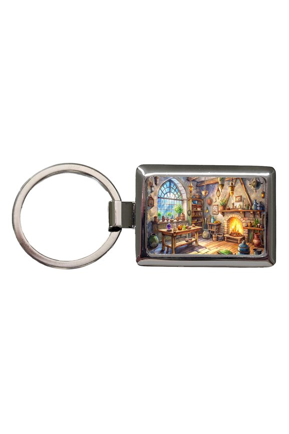 Fantasy Wizard's Sorcerer's Workshop Watercolor Metal Rectangle Keychain