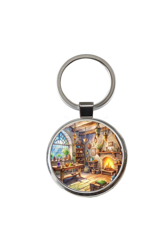 Fantasy Wizard's Sorcerer's Workshop Watercolor Metal Round Keychain