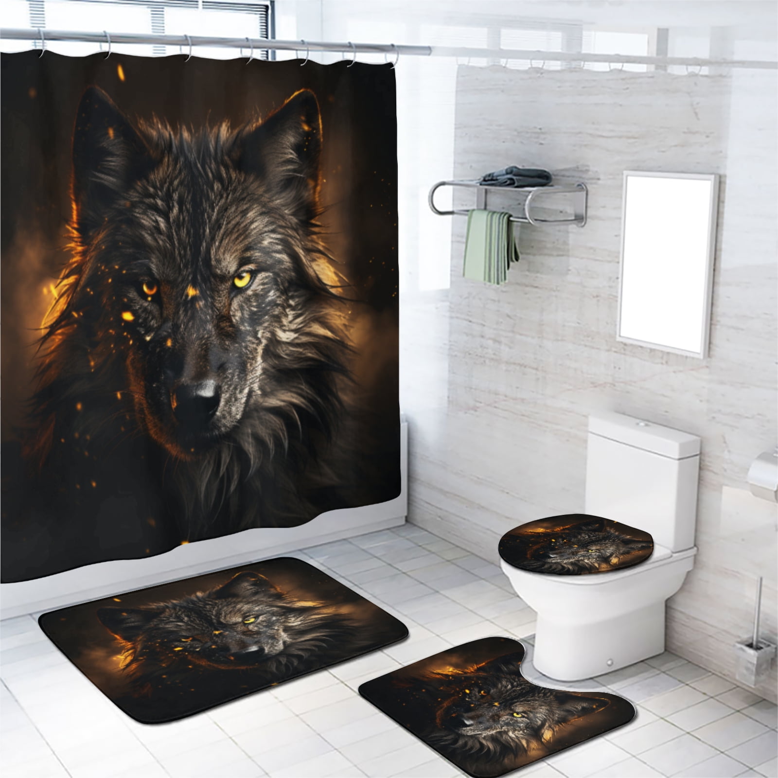 Fantasy Wolf 4 Pieces Shower Curtain Set with Non-Slip Rug Rustic Dark Gothic Wildlife Animal with Non-Slip Rugs Toilet Lid Cover and Bath Mat Bathroom Decor Set, 72x72 Inch