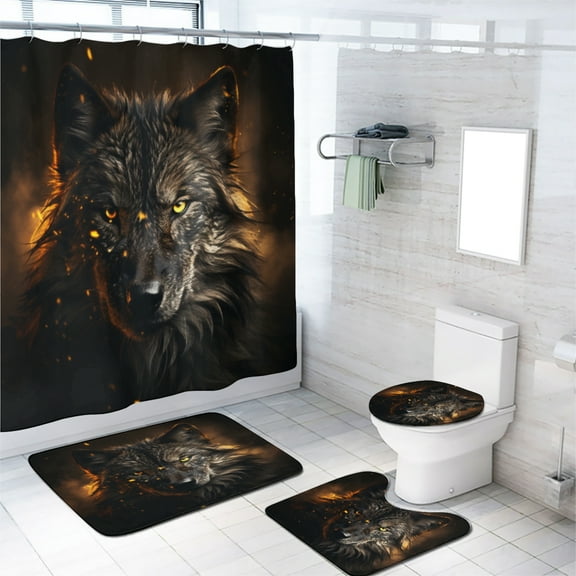 Fantasy Wolf 4 Pieces Shower Curtain Set with Non-Slip Rug Rustic Dark Gothic Wildlife Animal with Non-Slip Rugs Toilet Lid Cover and Bath Mat Bathroom Decor Set, 72x72 Inch