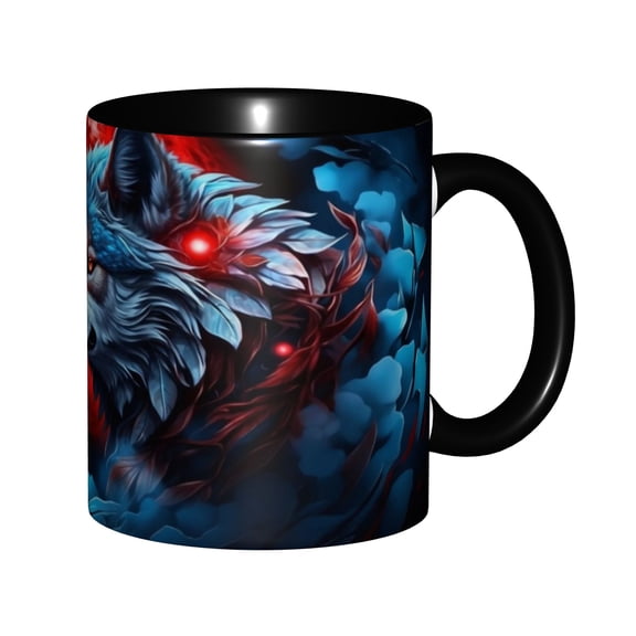 Fantasy Wolf Ceramic Coffee Mug 11oz, Cool Blue and Red Gothic Wolf Two-Tone Black Tea Cup for Office Home Halloween Gift