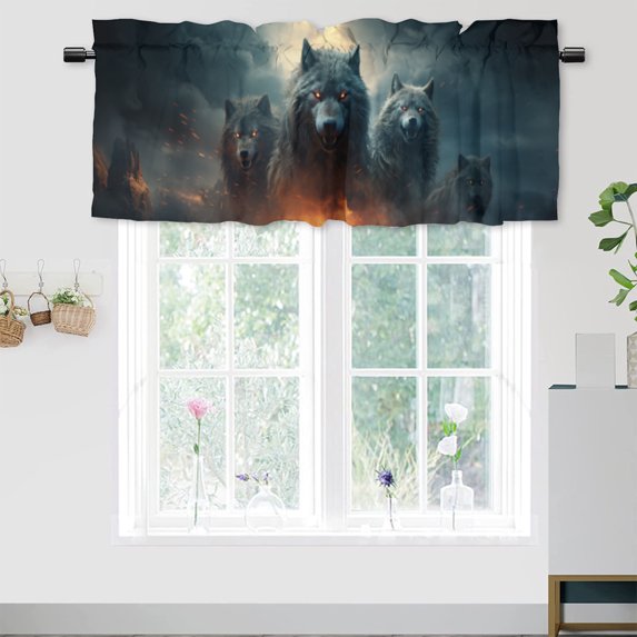 Fantasy Wolf Curtain Valances for Kitchen Windows Wild Animal Themed Wolves Rod Pocket Valances for Bedroom Living Room Dining Room 54 by 18 in, 1 Panel