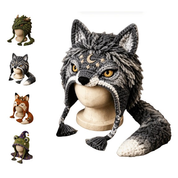 Fantasy Wolf Hood Hat DIY Crochet Kit Series, Thick Warm Animal Tail Crochet Hat Kit, Easy Follow Tutorial for New Crafters TikTok Instagram Craft Content