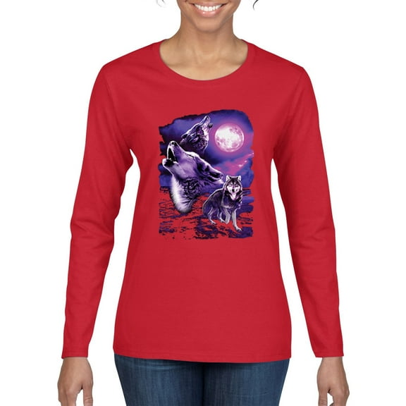 Fantasy Wolf Howling at The Full Moon Animal Lover Womens Graphic Long Sleeve T-Shirt, Red, 2XL