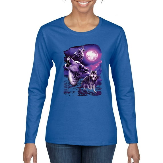 Fantasy Wolf Howling at The Full Moon Animal Lover Womens Graphic Long Sleeve T-Shirt, Royal, Medium