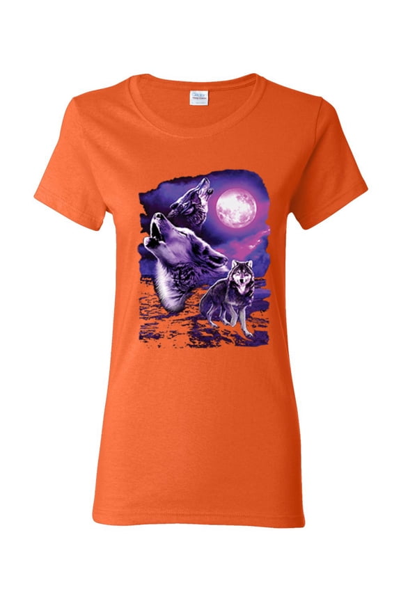 Fantasy Wolf Howling at The Full Moon Animal Lover Womens Graphic T-Shirt, Orange, 2XL