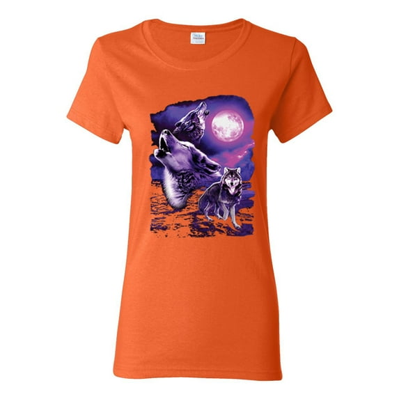 Fantasy Wolf Howling at The Full Moon Animal Lover Womens Graphic T-Shirt, Orange, Small