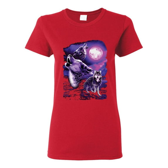 Fantasy Wolf Howling at The Full Moon Animal Lover Womens Graphic T-Shirt, Red, Large
