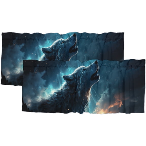 Fantasy Wolf Kitchen Window Curtain Valance Wild Animal Forest Starry Night Window Treatment Valance Curtains for Bathroom 54 by 18 in, 2 Panel