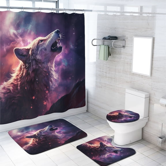 Fantasy Wolf Shower Curtain Sets with Non-Slip Rug Wildlife Animal Purple Starry Sky with Toilet Lid Cover, Bath Mat, Shower Curtains for Bathroom Rug Set, 72x72 Inch