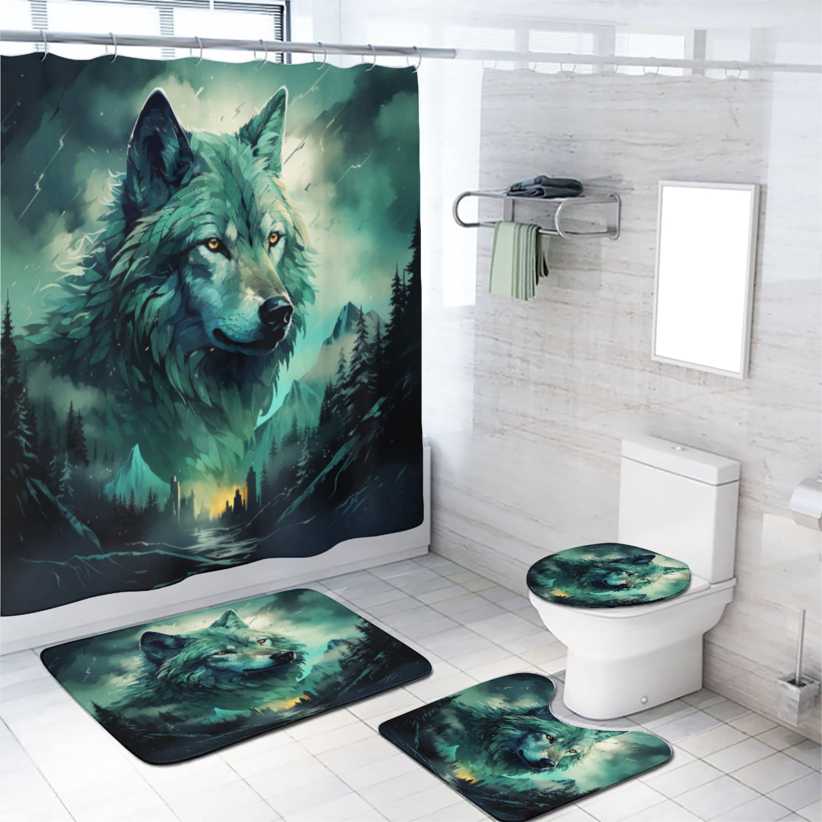 Fantasy Wolf Shower Curtain Sets with Rugs 4 Piece Forest Animal Galaxy Starry Sky with Toilet Lid Cover and Bath Mat, Waterproof Shower Curtain with 12 Hooks, 72x72 Inch