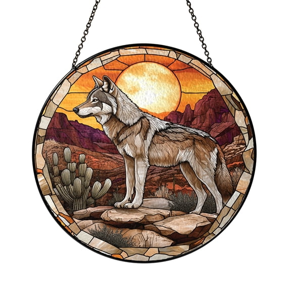 Fantasy Wolf Stained Glass Suncatcher Sunset Desert Scene Window Hanging Art, Wild Animal Decor, Rustic Nature Window Decoration, Gift Idea for Wildlife Lovers