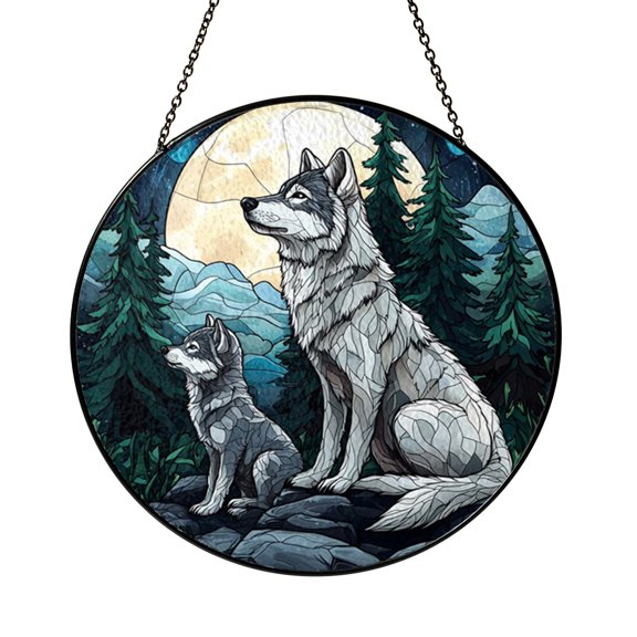 Fantasy Wolf and Cub Under Moon Forest Stained Glass Suncatcher – Window Decor