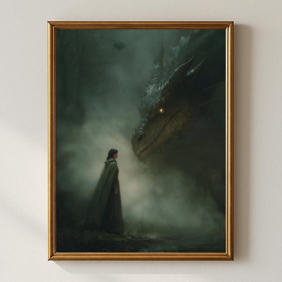 Fantasy Woman With Dragon Wall Art, Dark Moody Forest, Mystical Medieval Artwork, Gothic Fantasy Decor Home Decor #967, Unframed Poster Size 16x24