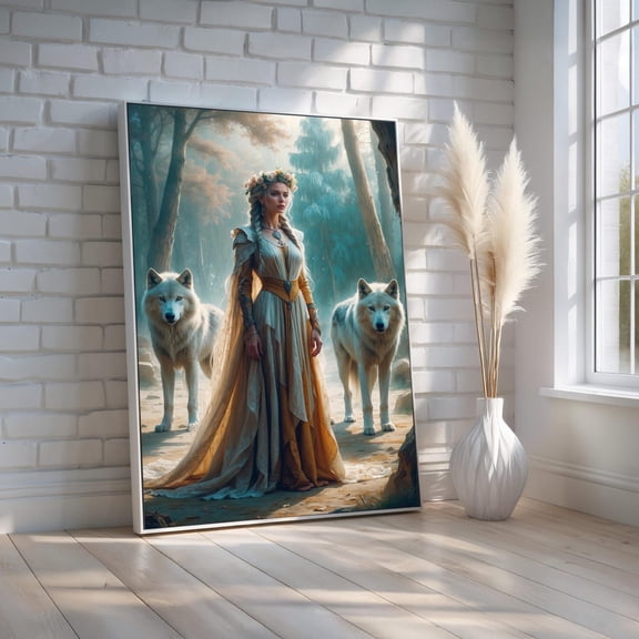 Fantasy Woman And Wolves Wall Art | Elven Queen Forest Scene | Mystical Nature Canvas For Fantasy Lovers Or Gift | Ready To Hang, Unframed Canvas Size 12x18