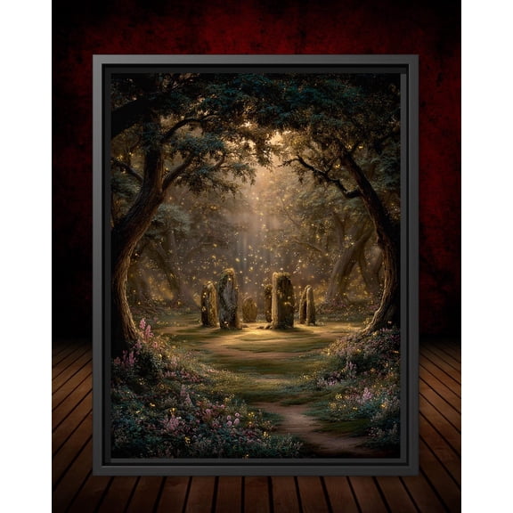 Fantasy Woodland Scene Enchanted Stone Circle Mystical Wall Art With Fireflies And Golden Lights, Magical Decor Unframed Paper Print