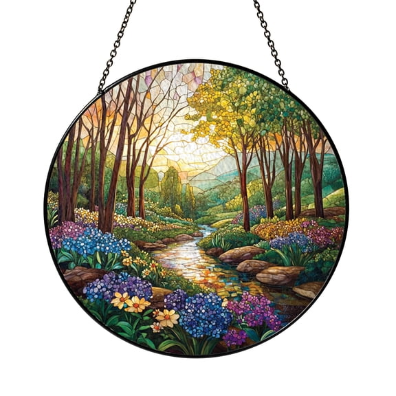 Fantasy Woodland Stream Stained Glass Style Window Suncatcher, Nature Landscape Art Decor, Decorative Hanging Light Catcher
