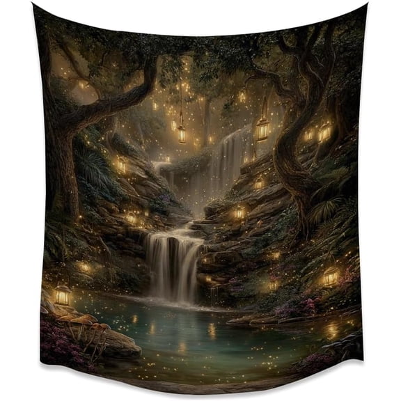 Fantasy Woodland Waterfall Print Tapestry Gothic Enchanted Pond Painting Tapestries Vintage Aesthetic Meditation Art Wall Hanging for Bedroom Living Room Dorm Home Wall Decor white30x40inch