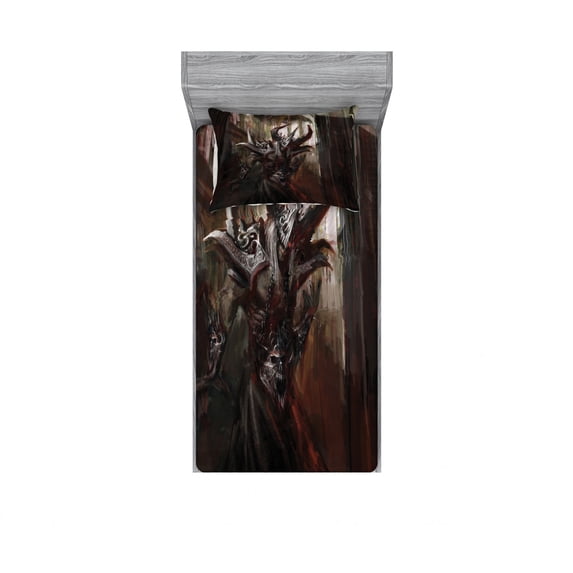 Fantasy World Bedding Set with Sheet & Covers, Armored Evil Monster in Apocalyptic Imaginary Knight Character Print, Printed Bedroom Decor 2 Shams, 4 Sizes, Red Grey, by Ambesonne