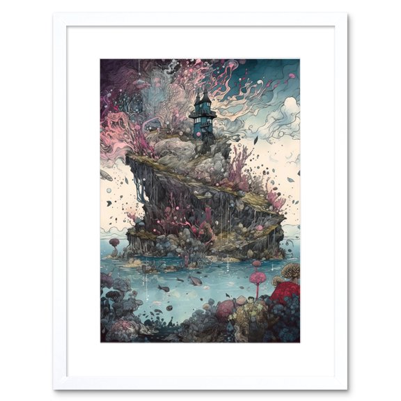 Fantasy World Coastal Island Landscape Nymph House Magical Marine Life Flying Fish Seaweed Cloud Artwork Framed Wall Art Print 9X7 Inch