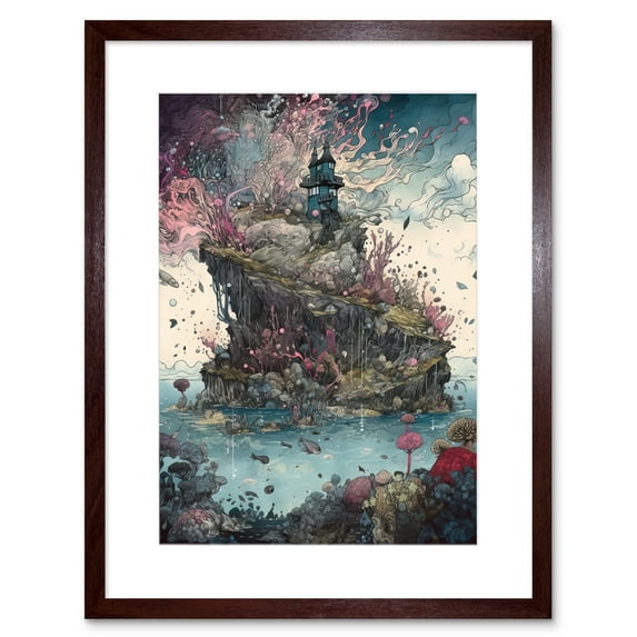 Fantasy World Coastal Island Landscape Nymph House Magical Marine Life Flying Fish Seaweed Cloud Artwork Framed Wall Art Print 9X7 Inch